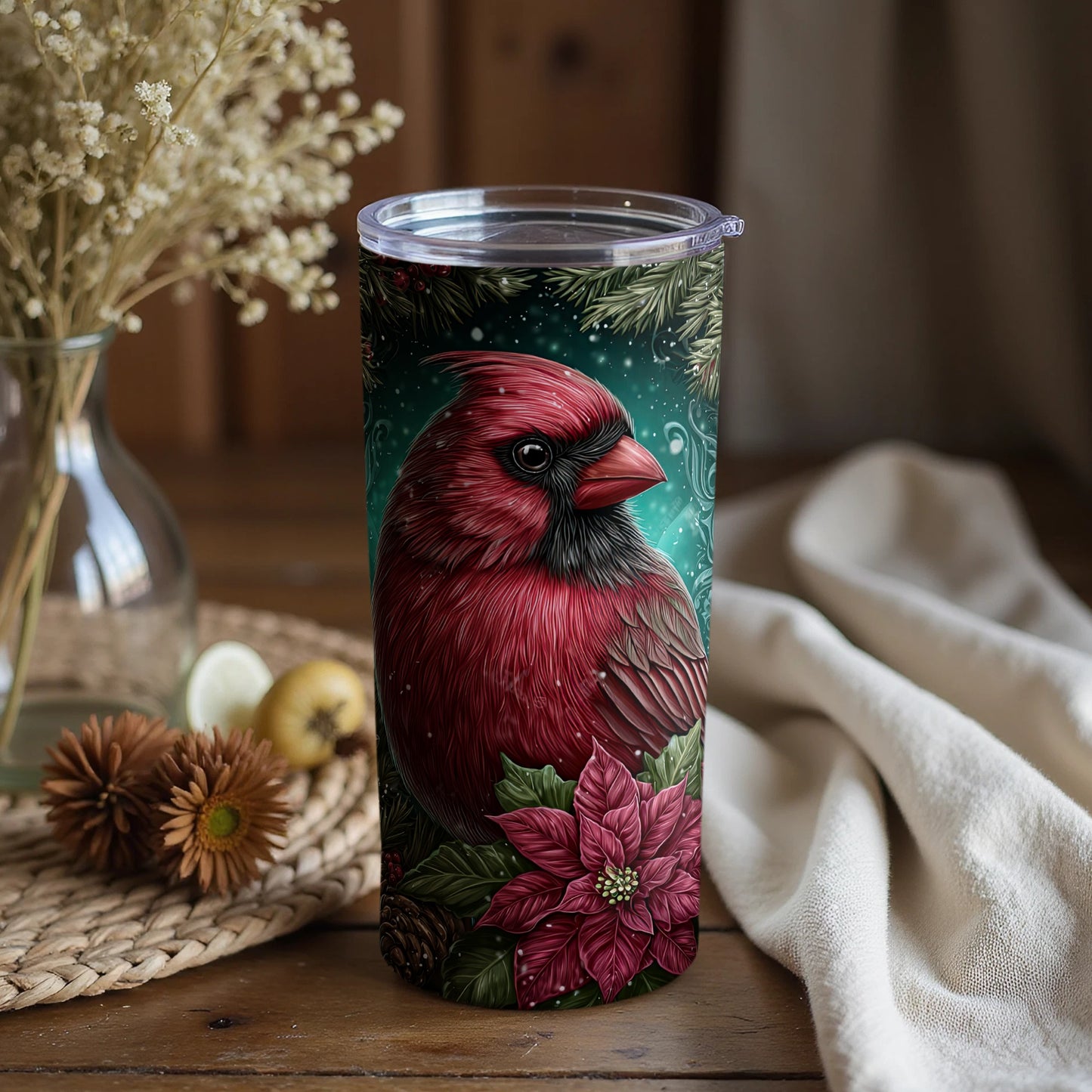 Festively Decorated Cardinal Themed Tumbler for Cheery Sips
