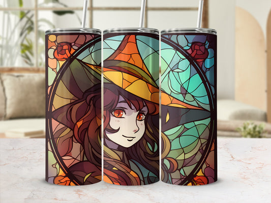 Stained glass witch illustration with orange and green accents.