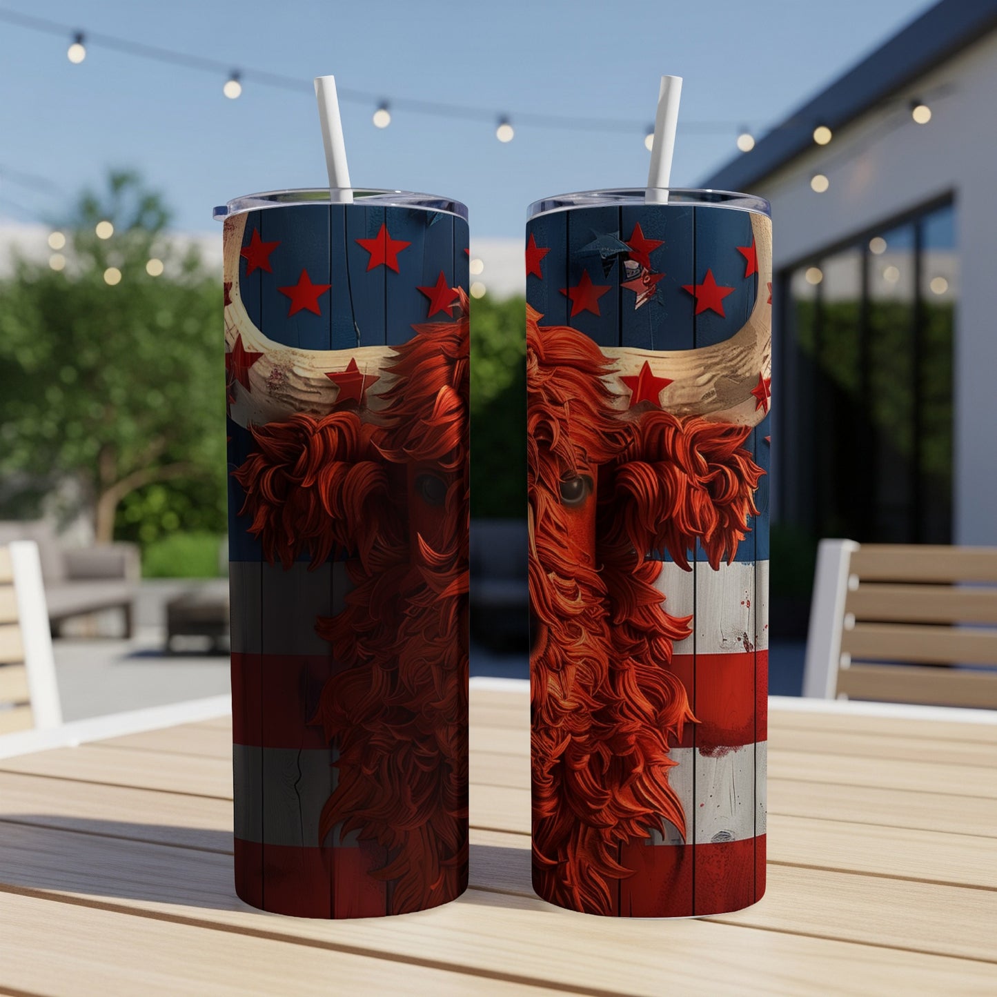 Highland cow with American flag design on a skinny tumbler.