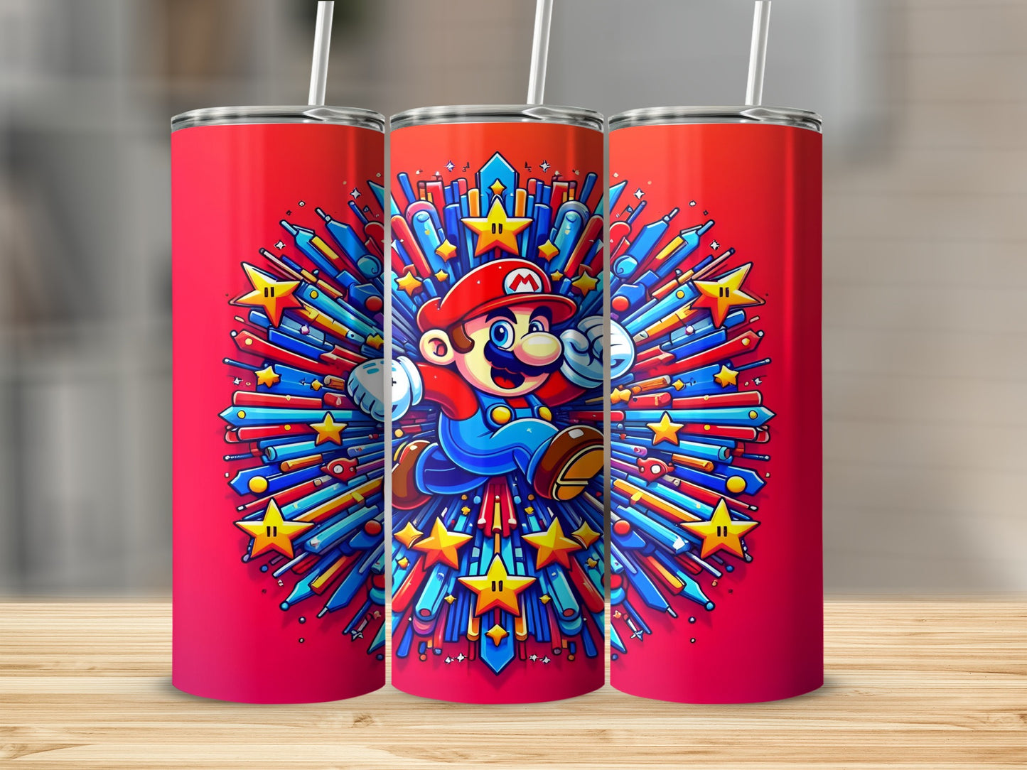 Mario character bursting from a star-shaped explosion on a red tumbler.
