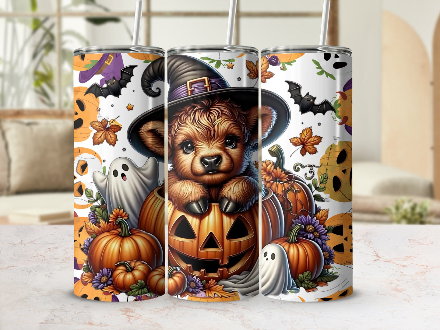 Cute Halloween Cow With Pumpkin Design Tumbler Cup