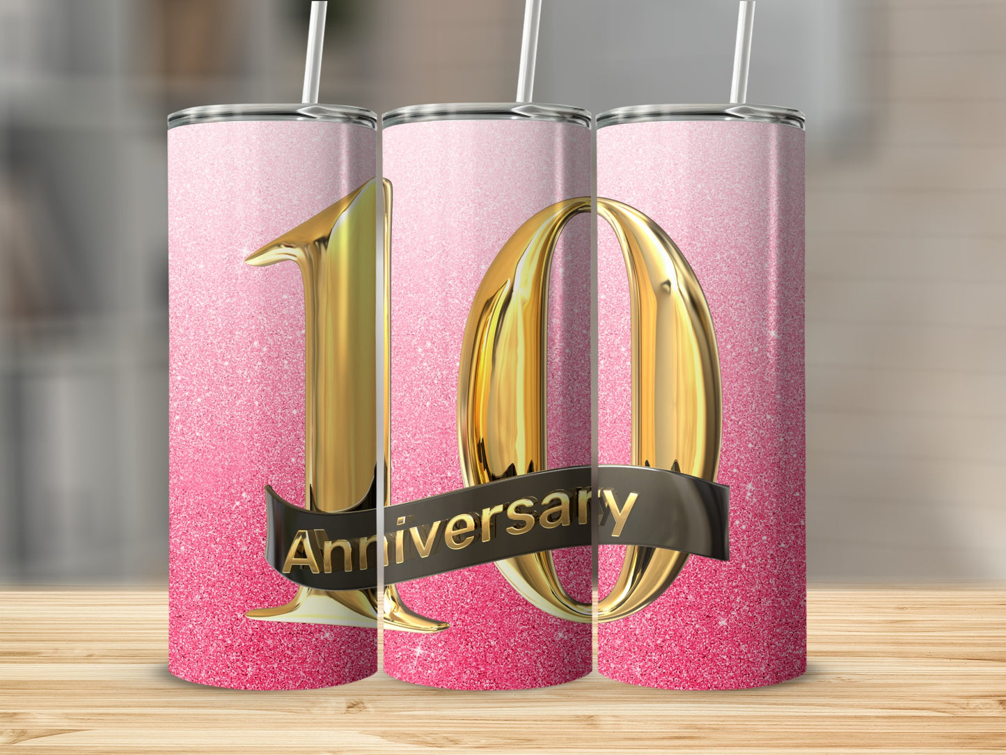 Gold "10" with "Anniversary" ribbon on pink glitter tumbler.
