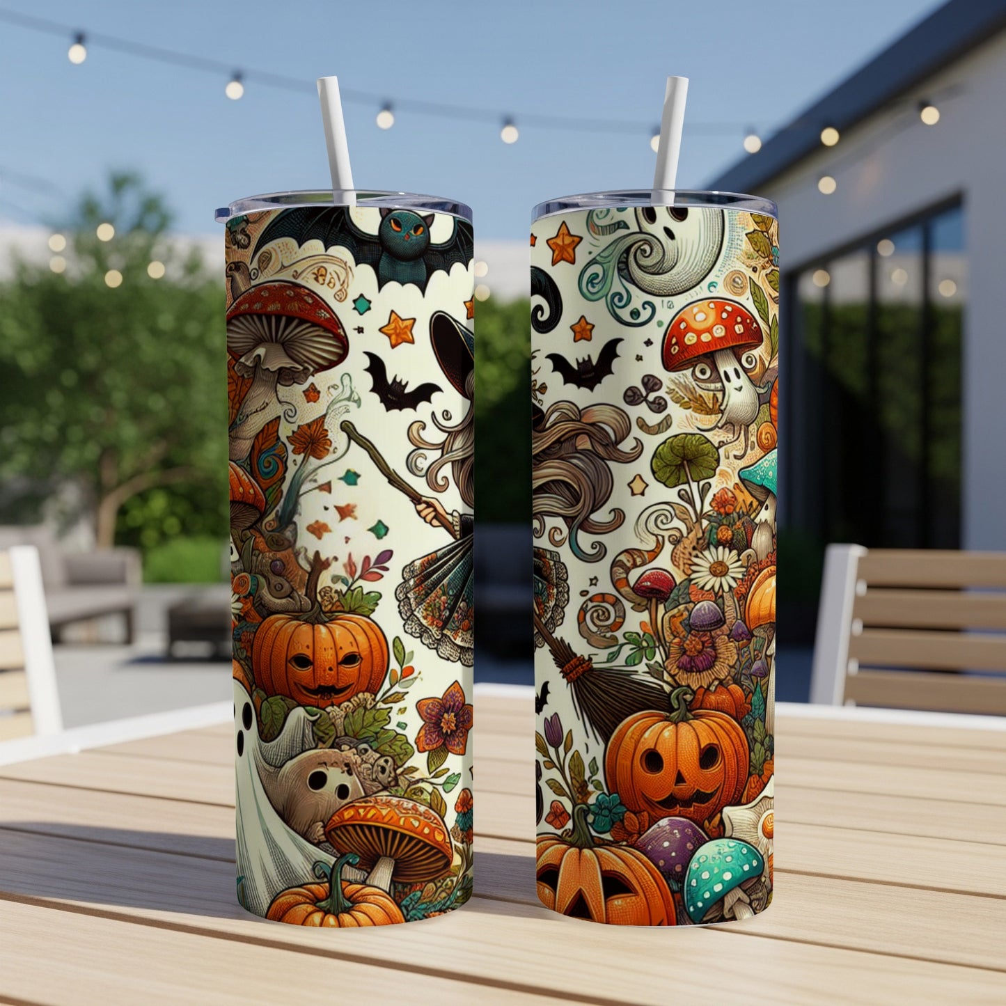 Two tumblers featuring a Halloween design with pumpkins, ghosts, bats, mushrooms, and a witch.