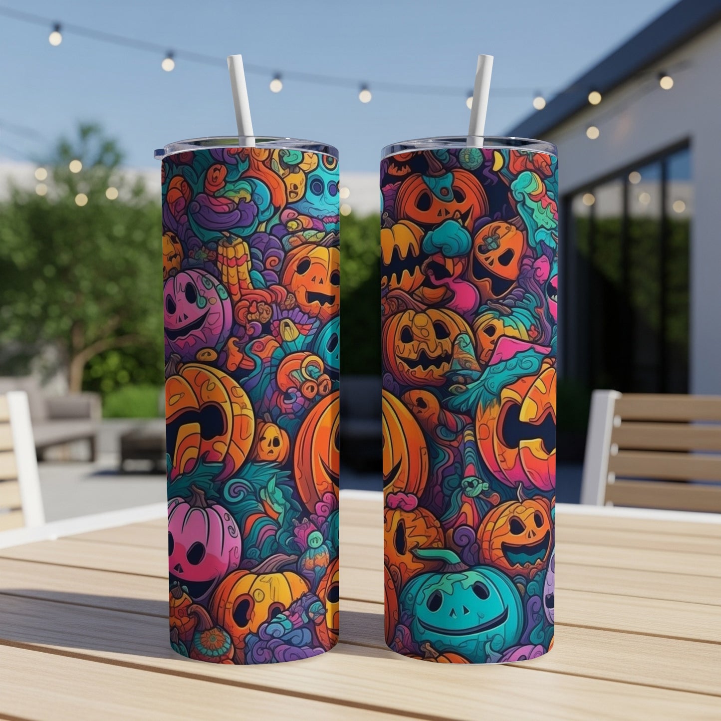 Two tumblers with colorful Halloween pumpkin and ghost doodle art, set outdoors.