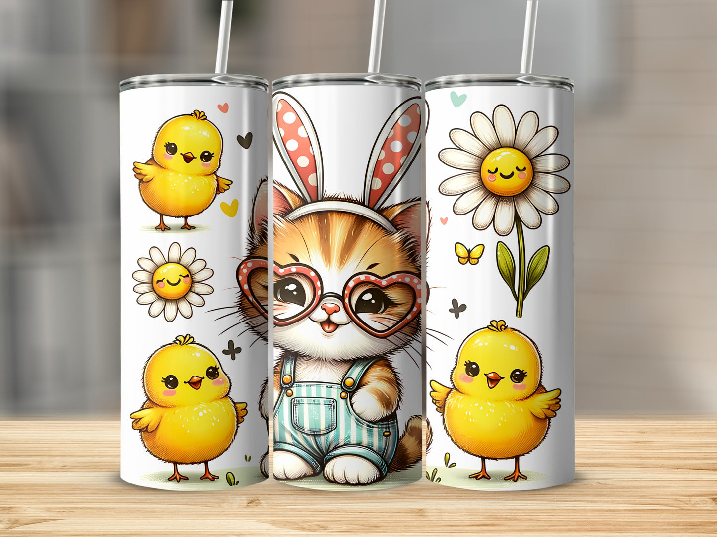Kitten in overalls with bunny ears between two cartoon chicks and daisies.