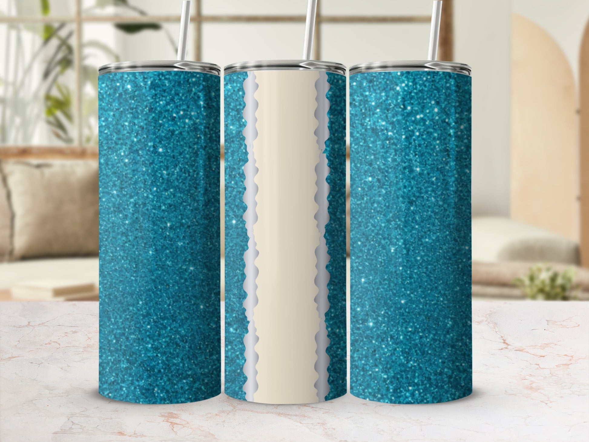 Three turquoise glitter tumblers with white wavy details.