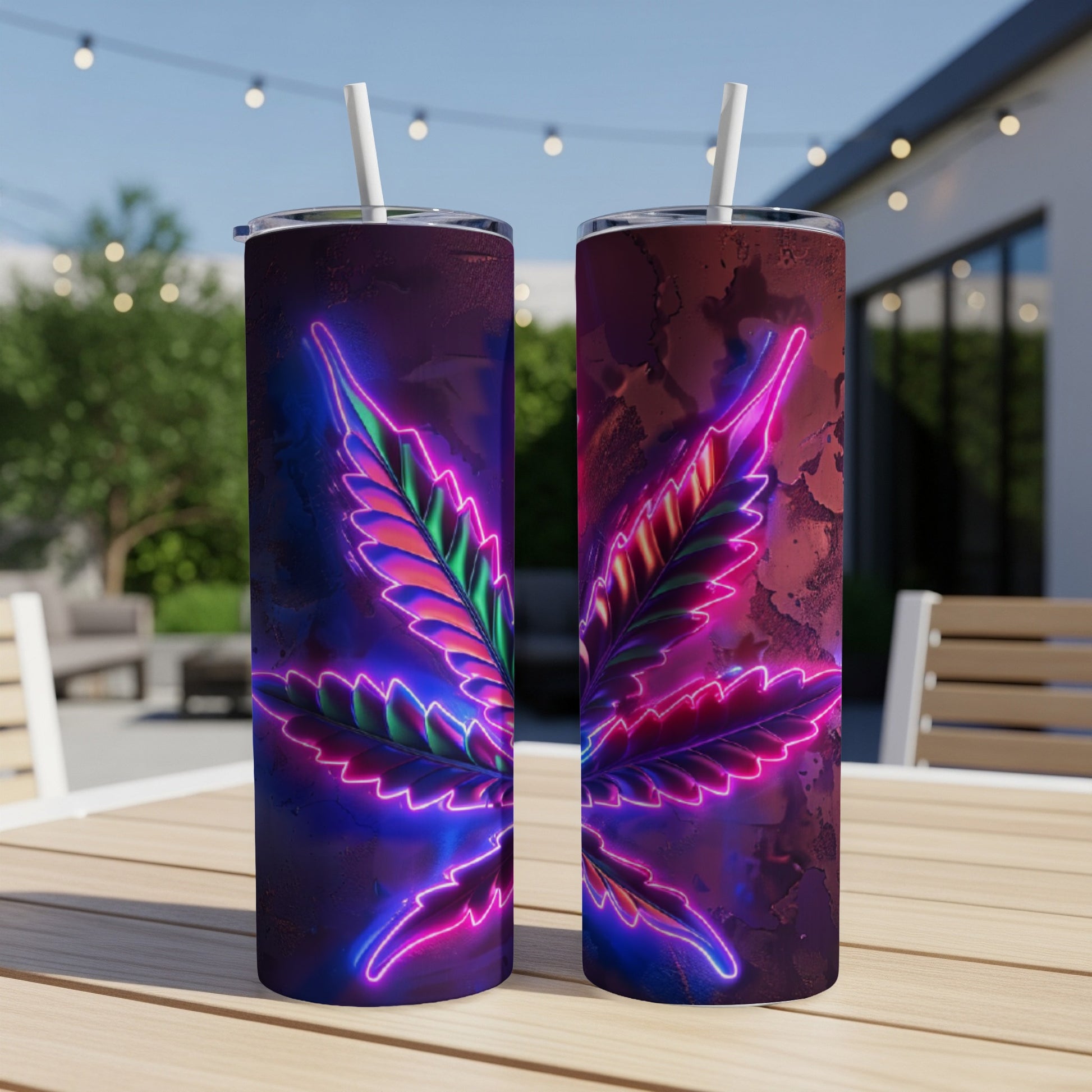 Two tumblers with neon marijuana leaf design on outdoor table.