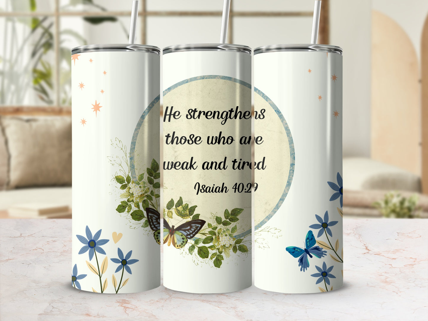 Inspirational Isaiah 40 29 Floral Tumbler Design
