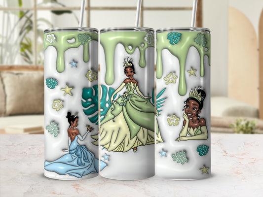 Tiana in blue and green ballgowns with tropical leaves on tumblers.