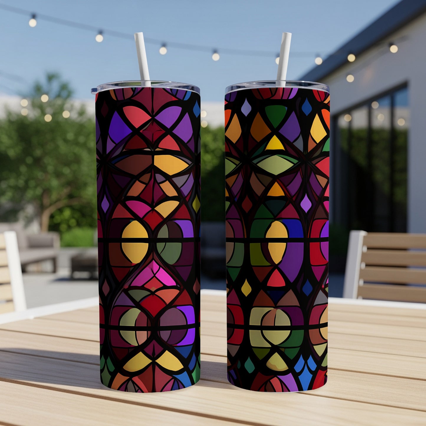Two tumblers with a stained glass pattern on a wooden table outdoors.