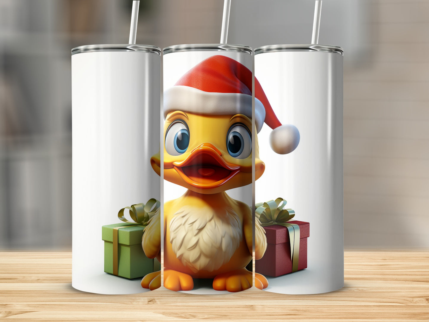 Christmas duck with Santa hat between two gift boxes.