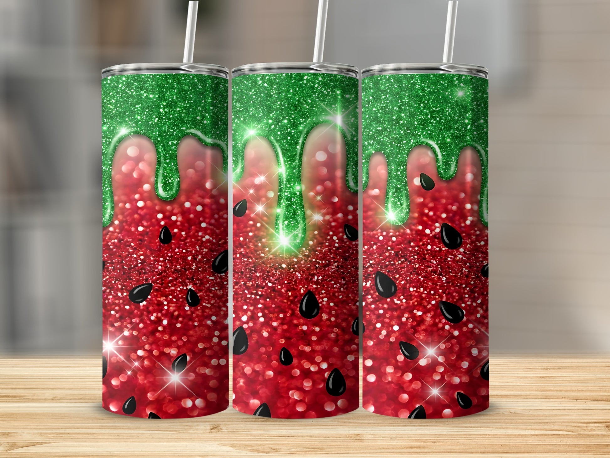 Glittering watermelon slice design with dripping green topping on three tumblers.
