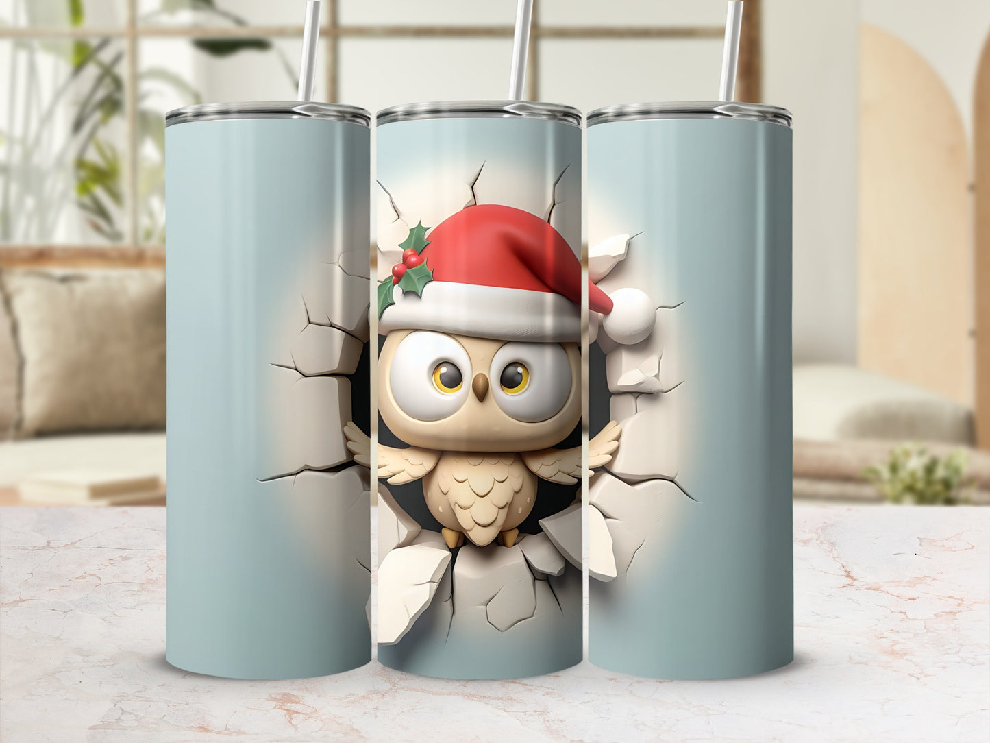 Cartoon owl with Santa hat peeking through cracked background.