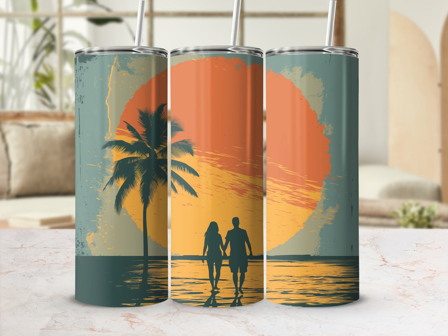 Couple walking on beach at sunset with palm tree silhouette.