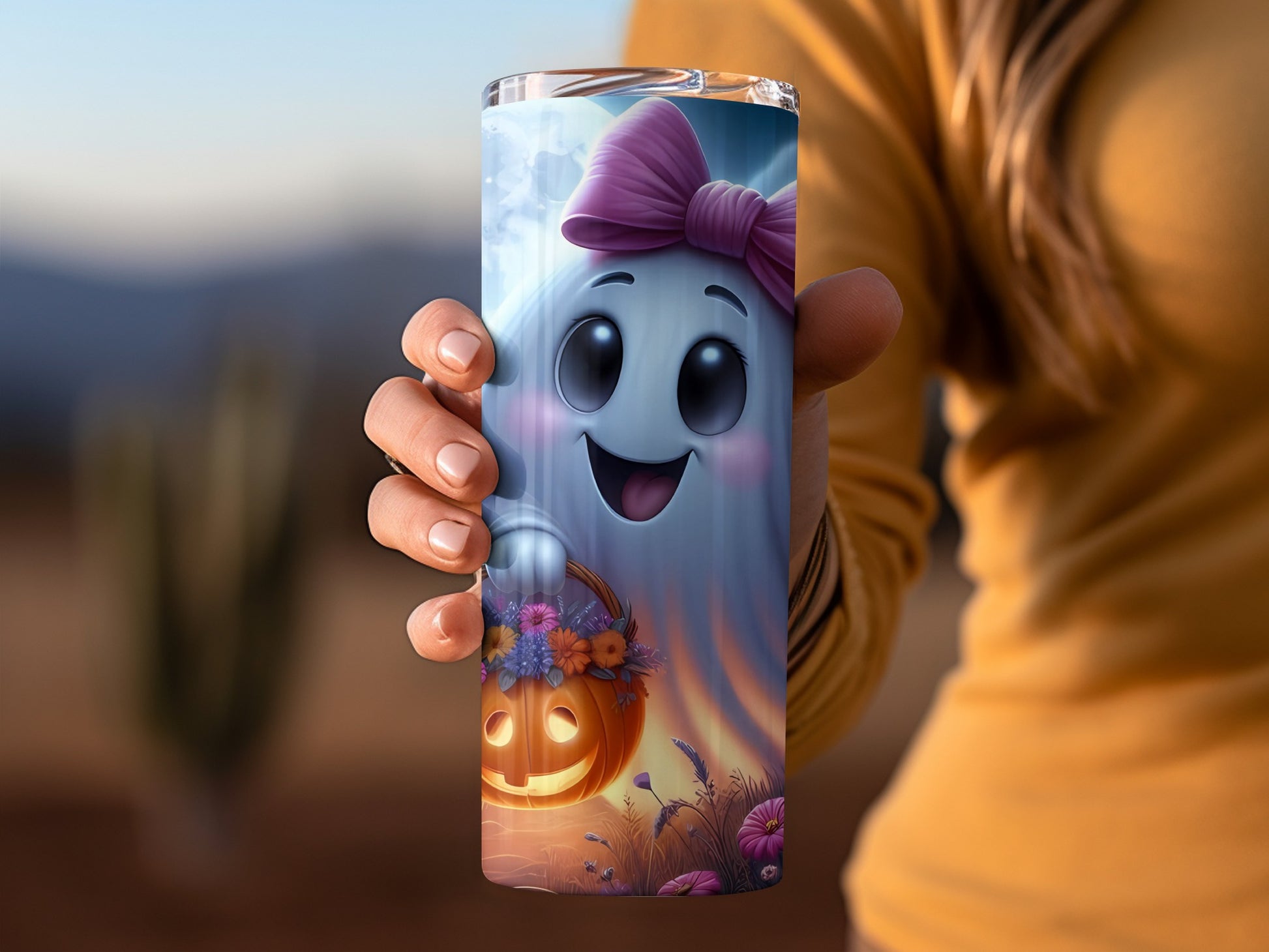 Cute Halloween Ghost with Pumpkin Illustration Tumbler