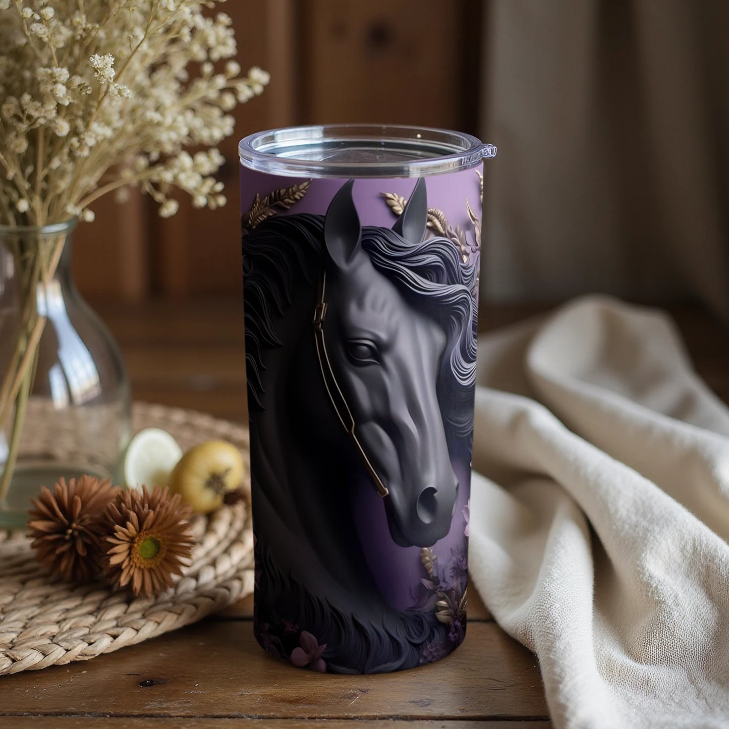 Elegant Black Horse Tumbler with Purple Accents