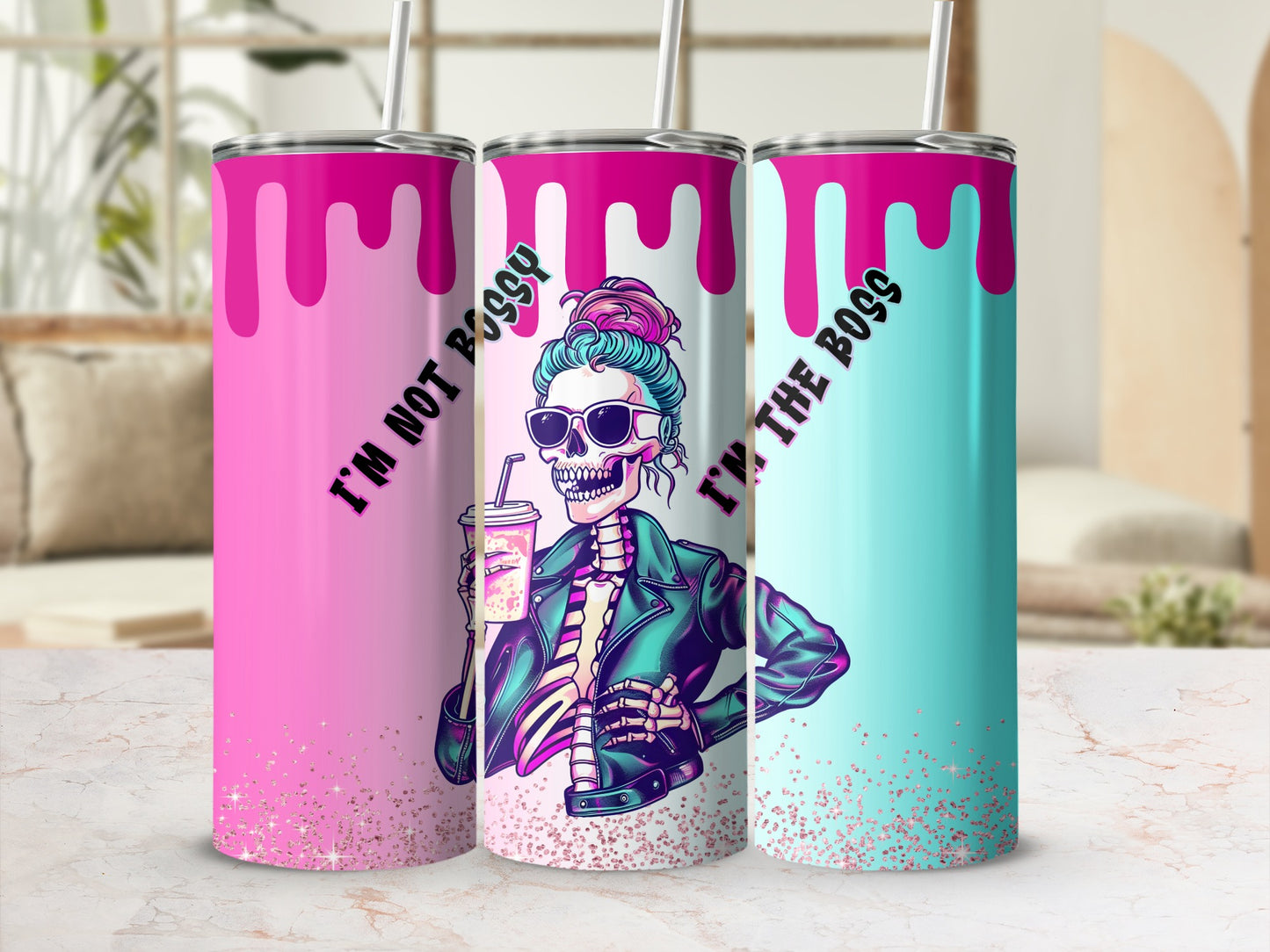 Skeleton woman with sunglasses and jacket holding coffee, text I'M NOT BOSSY I'M THE BOSS.