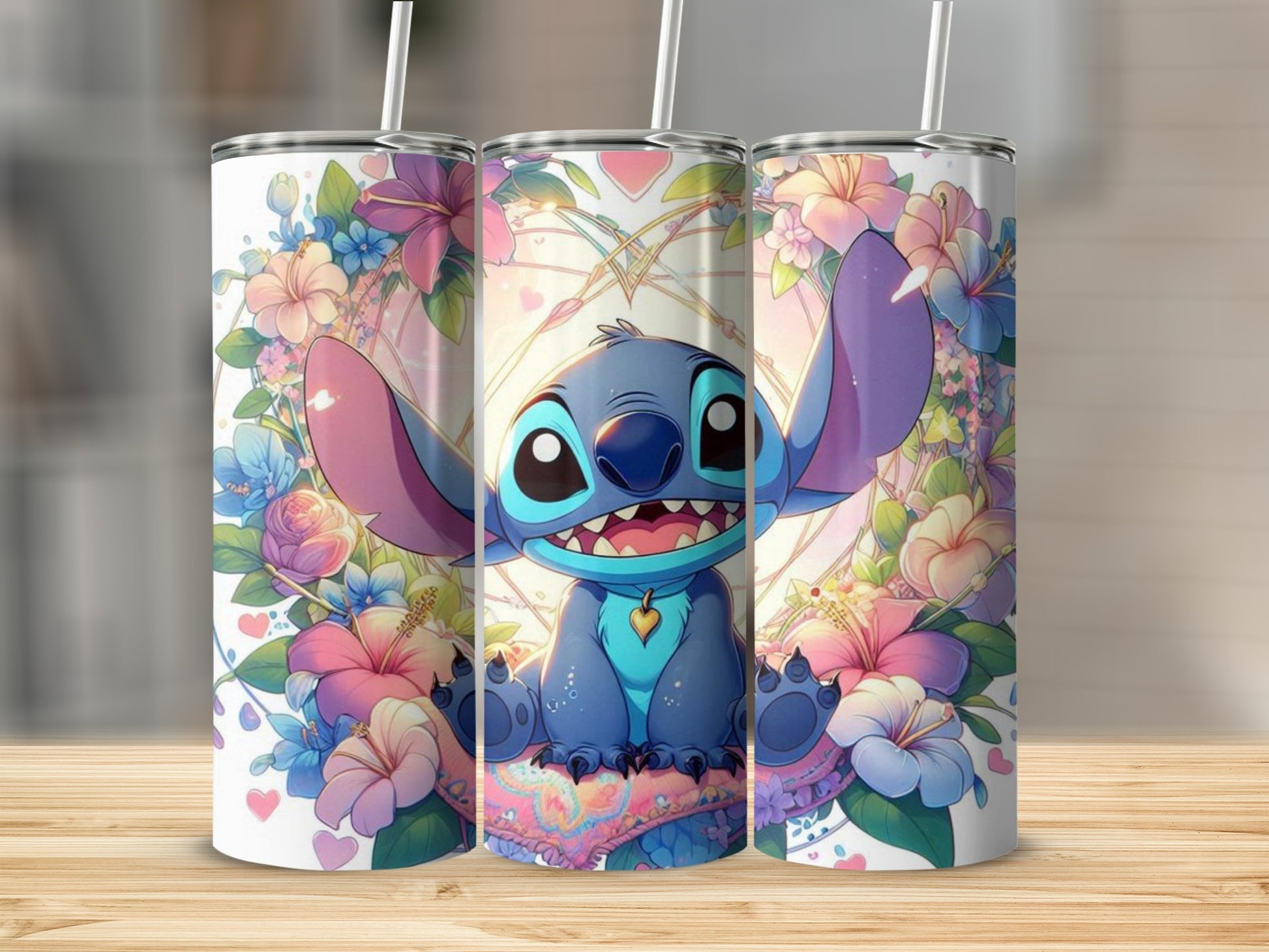 Adorable Blue Alien Surrounded by Colorful Flowers Tumbler