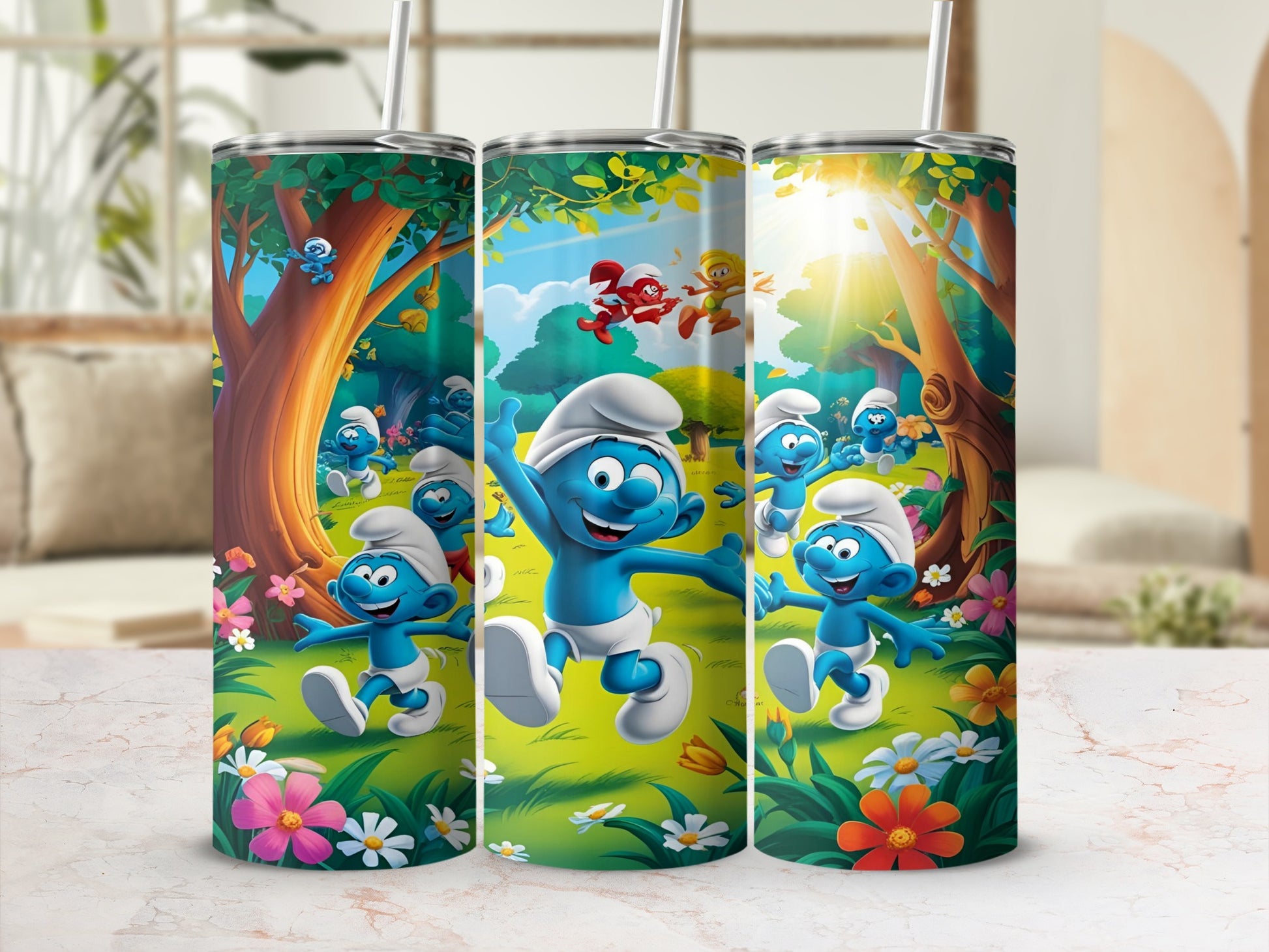 Smurfs characters in a forest scene on a stainless steel tumbler with straw.