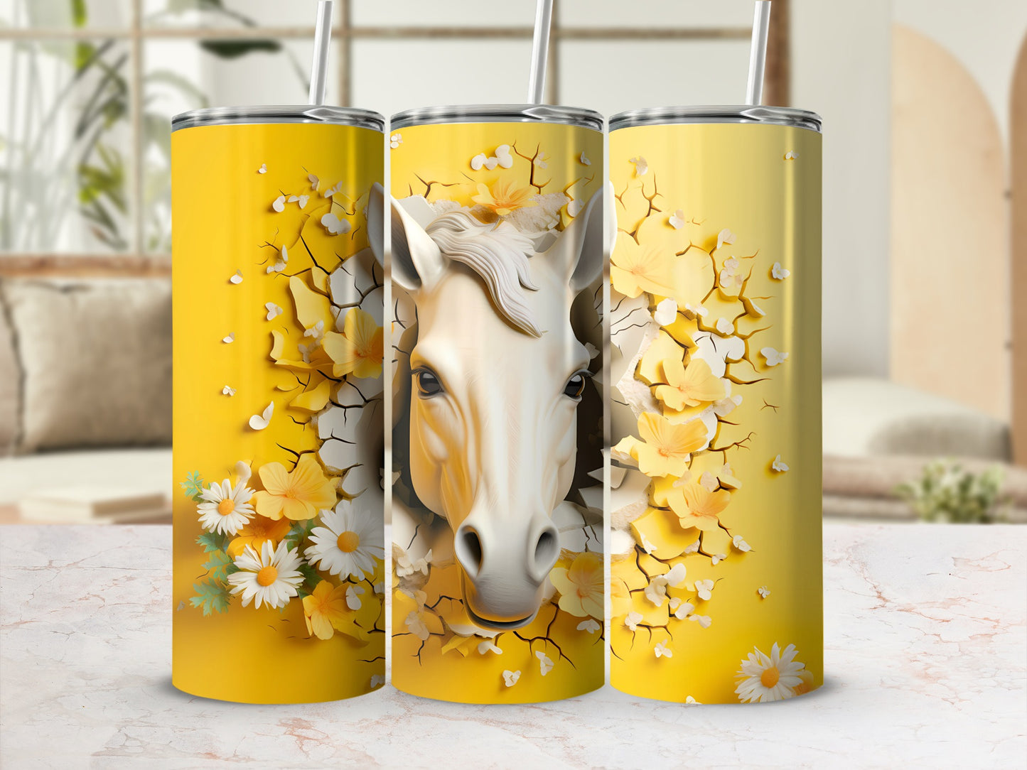 White Horse Head Yellow Cracked Floral Art Tumbler product type
