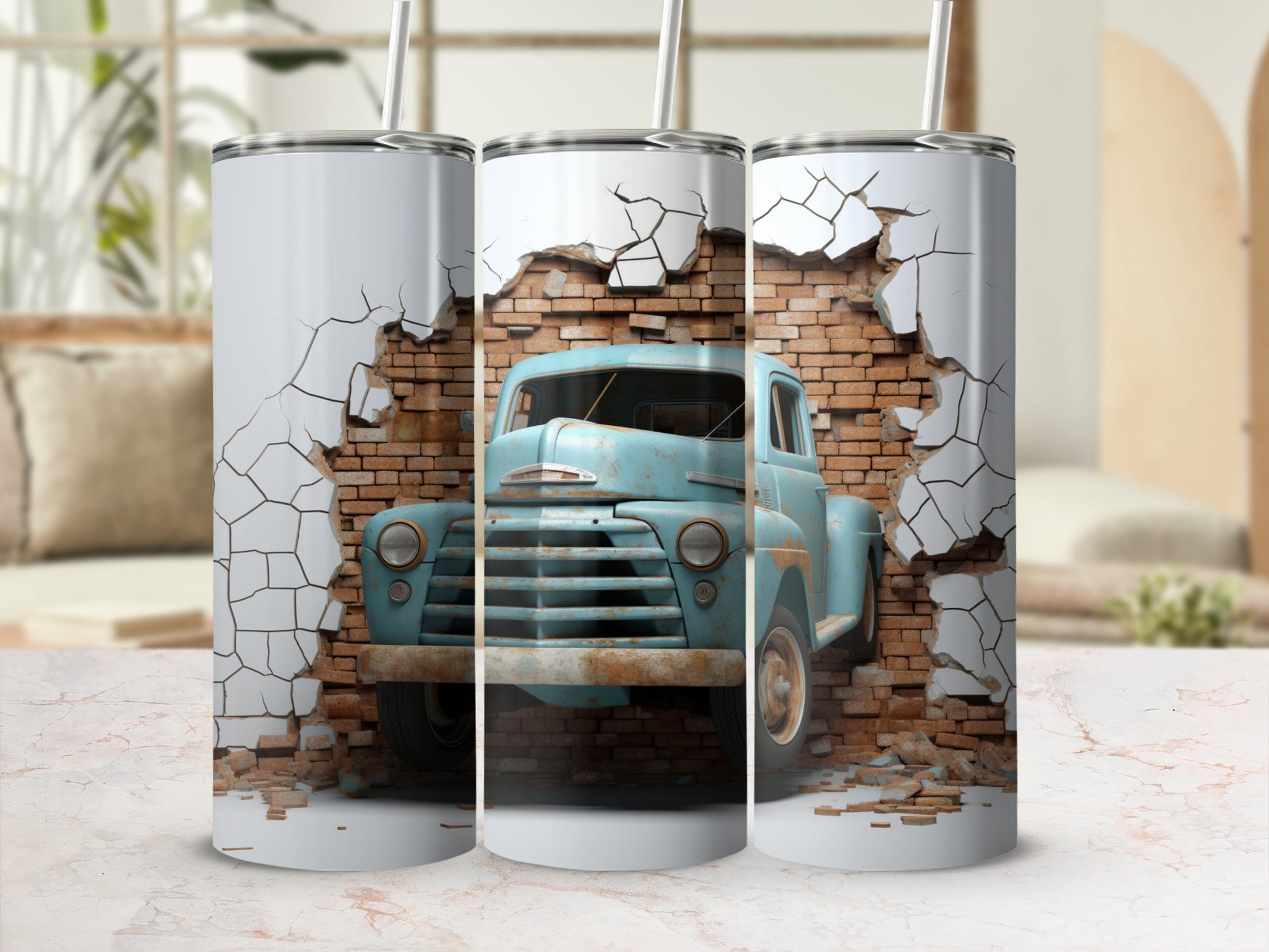 Retro Truck Breaking Through Wall Design Tumbler