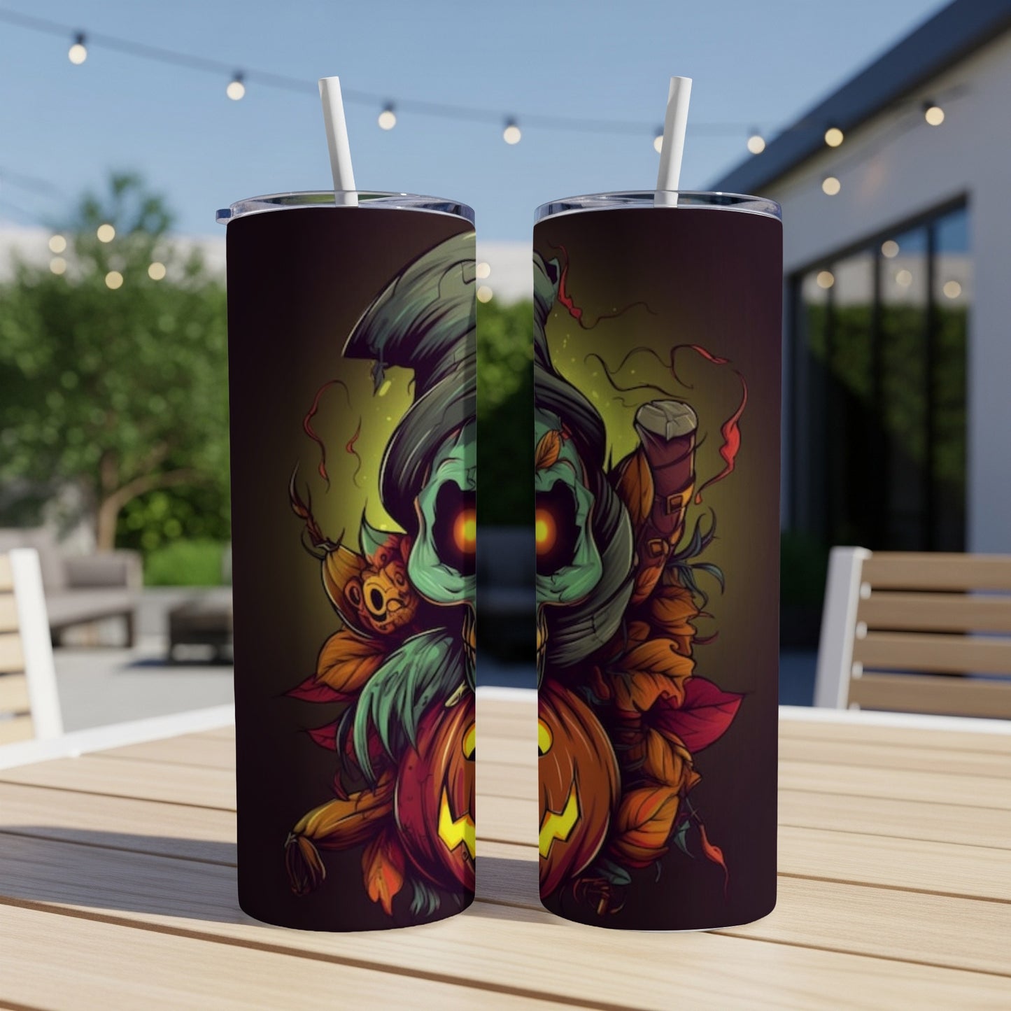 Two tumblers with a spooky Halloween character design featuring pumpkins and autumn leaves.