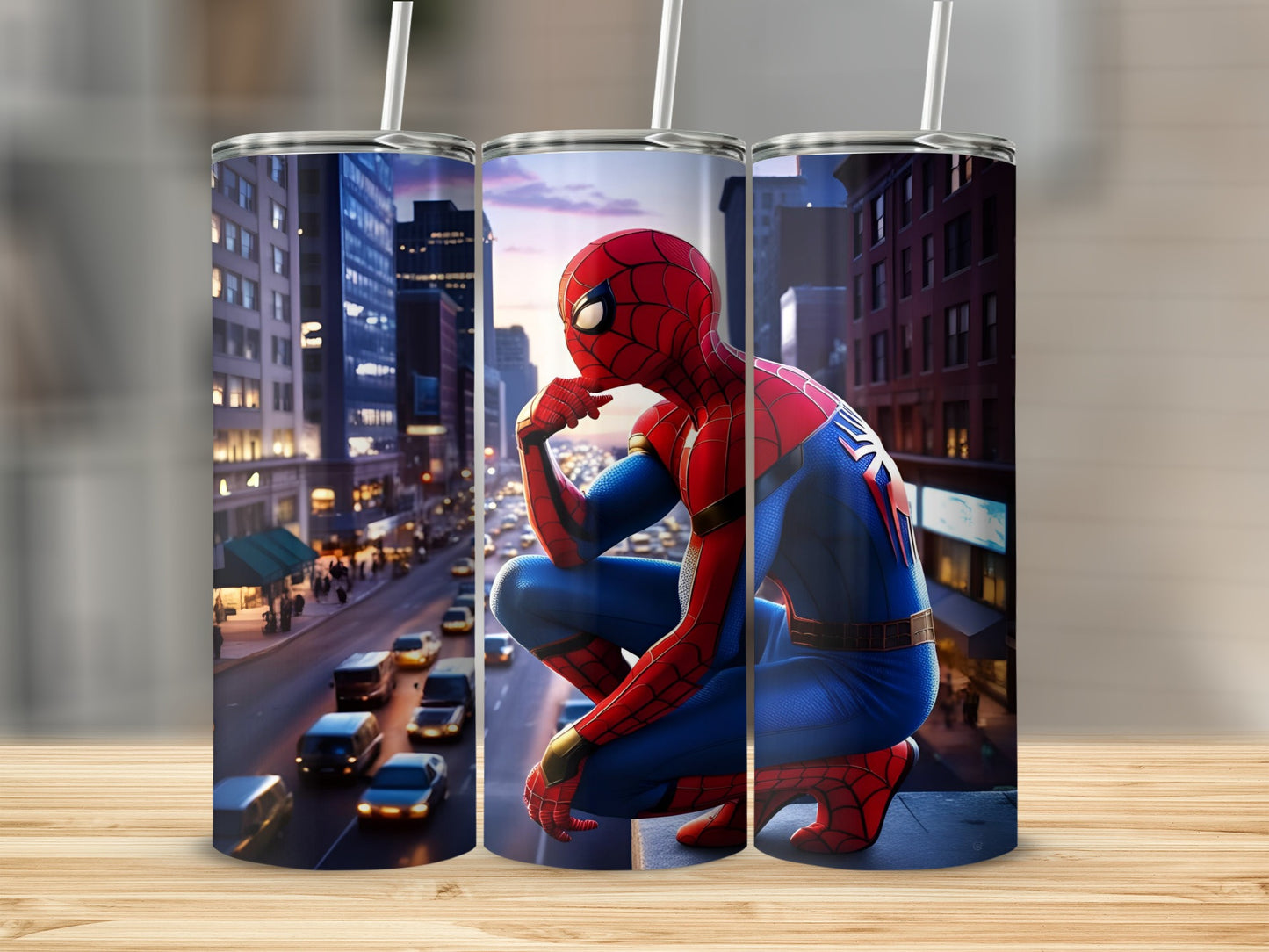 Spiderman crouching on a city street, silhouetted against a cityscape.