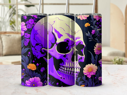 Purple skull with flowers and leaves on a tumbler.