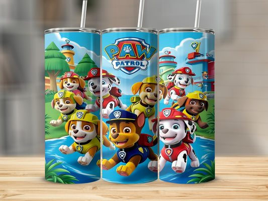 Paw Patrol characters Chase, Marshall, Rubble, Skye, and Zuma on a blue tumbler.