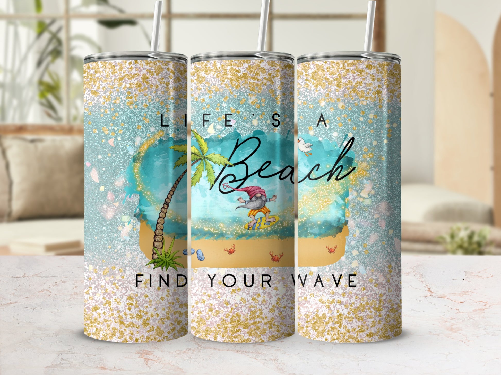 Beach tumbler with "Life's a Beach Find Your Wave" text and glitter.