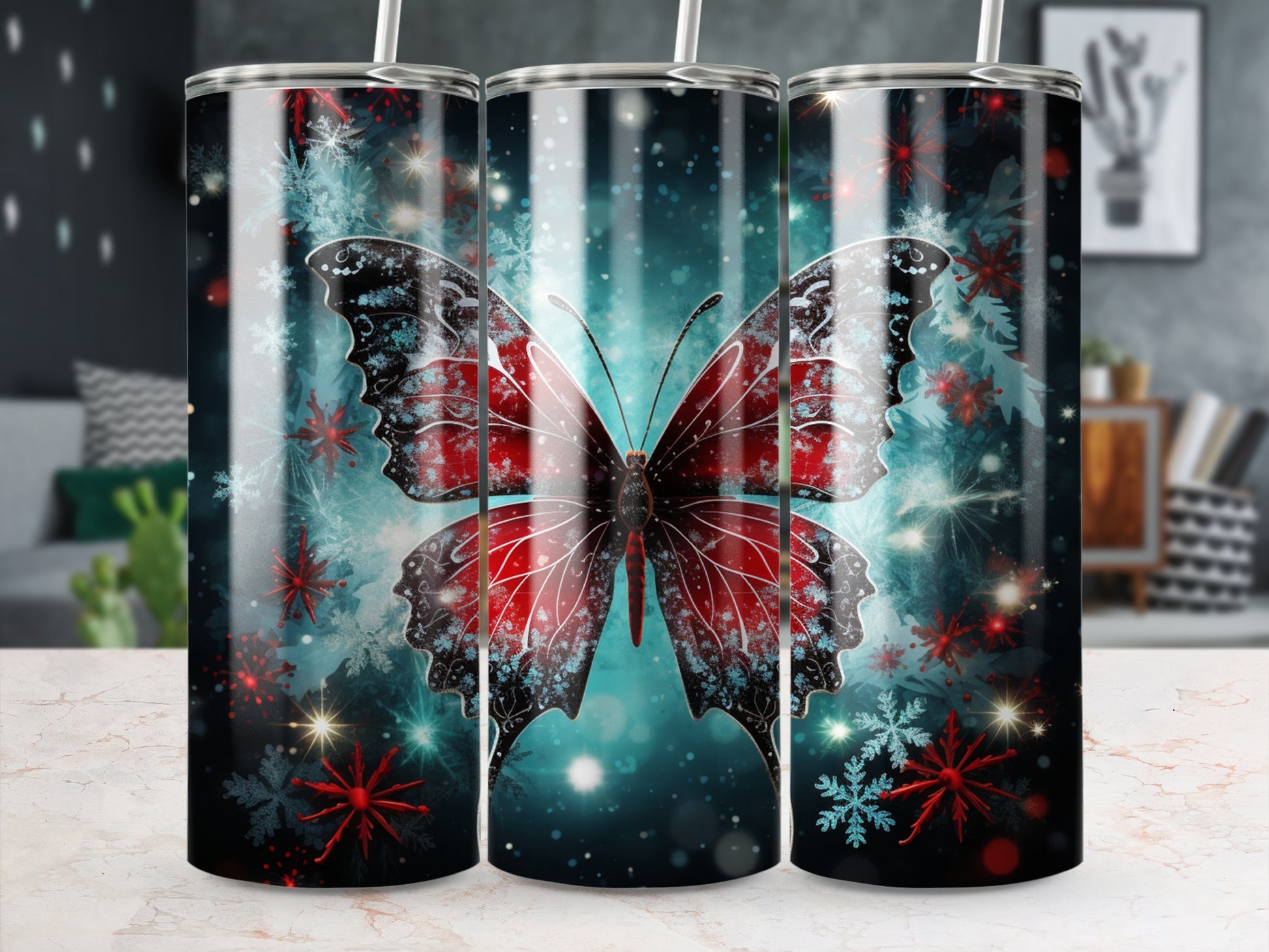 Red butterfly with blue snowflake accents on a sparkling background.