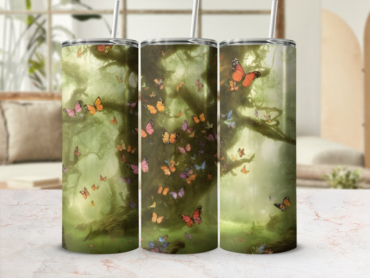 Three tumblers featuring a mystical forest with numerous colorful butterflies.