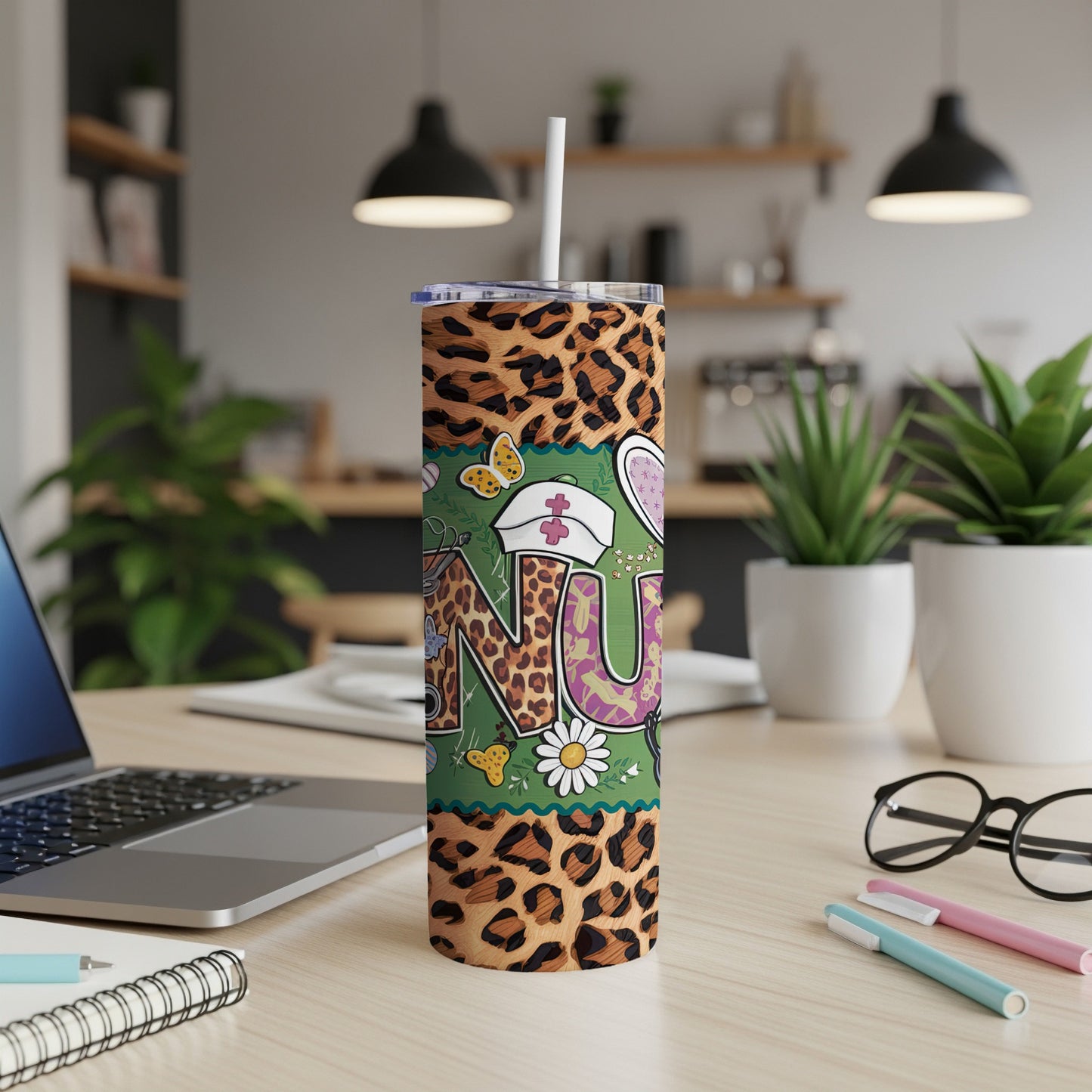 Leopard print tumbler with "NURSE" in floral letters, stethoscope, and butterflies.