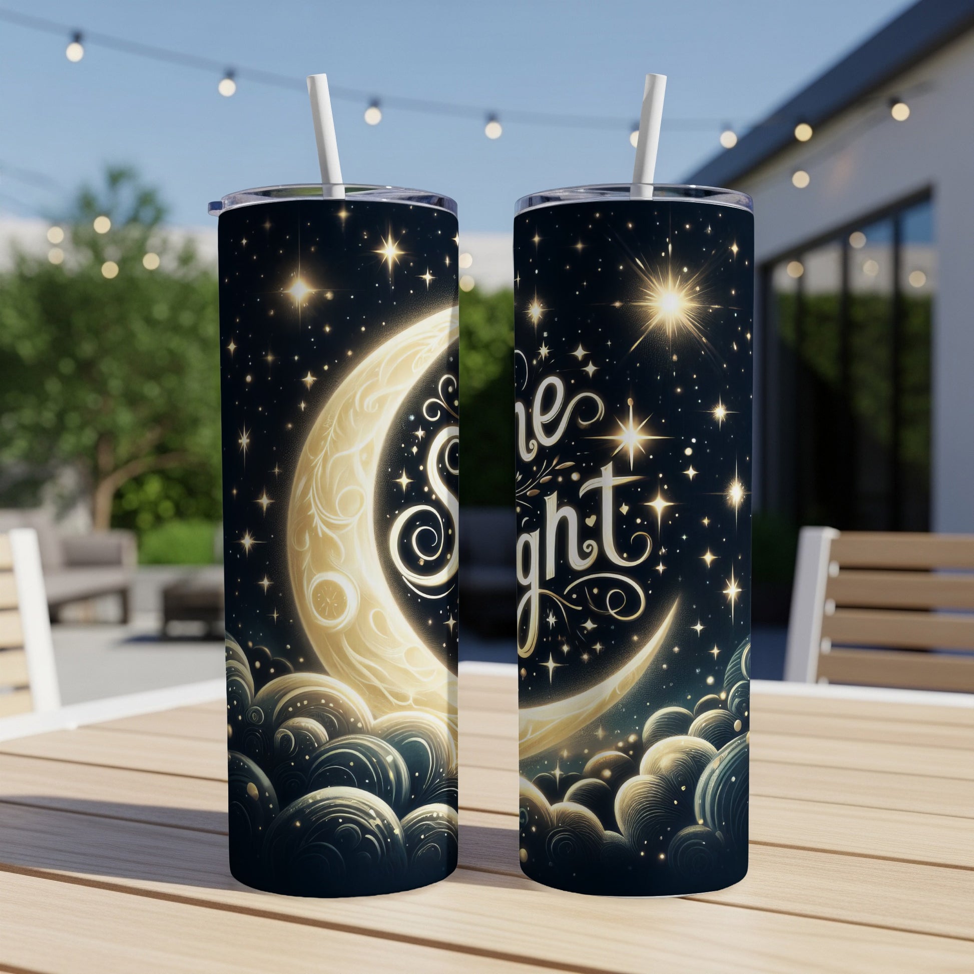 Two tall tumblers with a celestial crescent moon and starry night design.