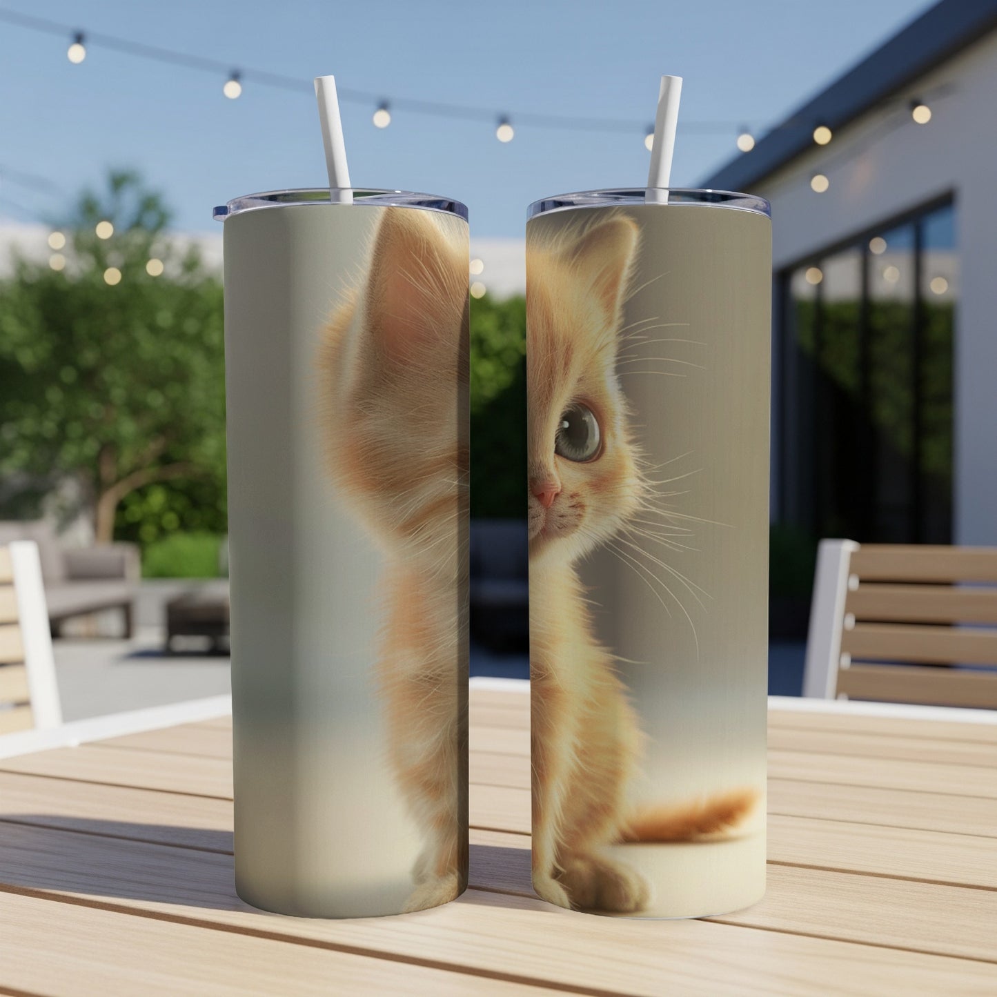 Two orange tabby kittens peeking from behind a tumbler on a wooden table.