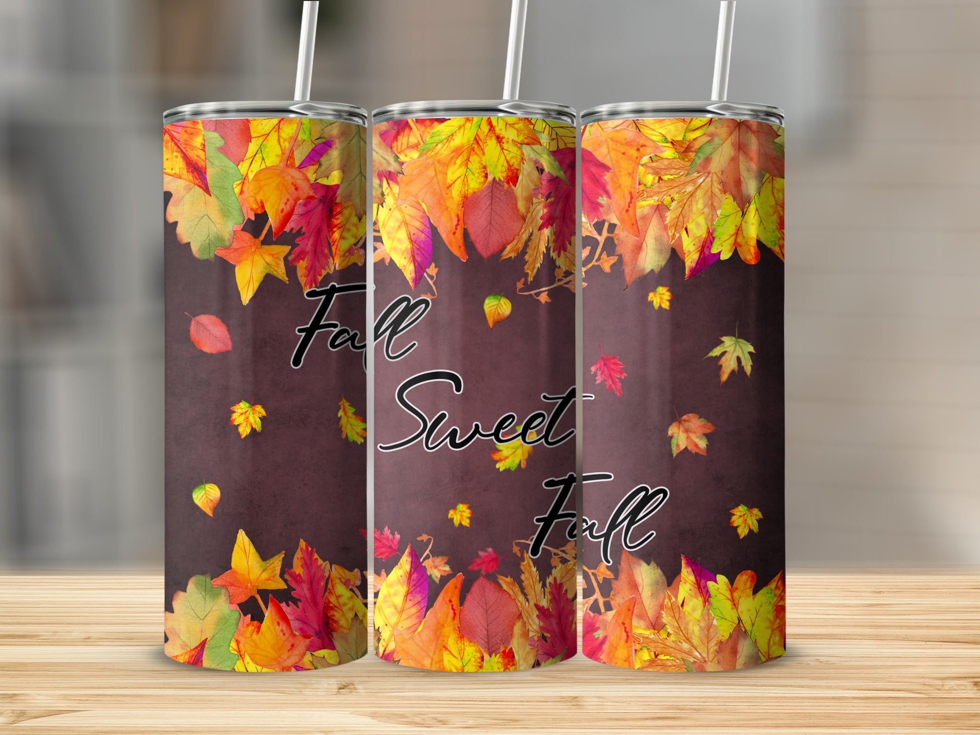 Three tumblers with fall leaves and "Fall Sweet Fall" text.