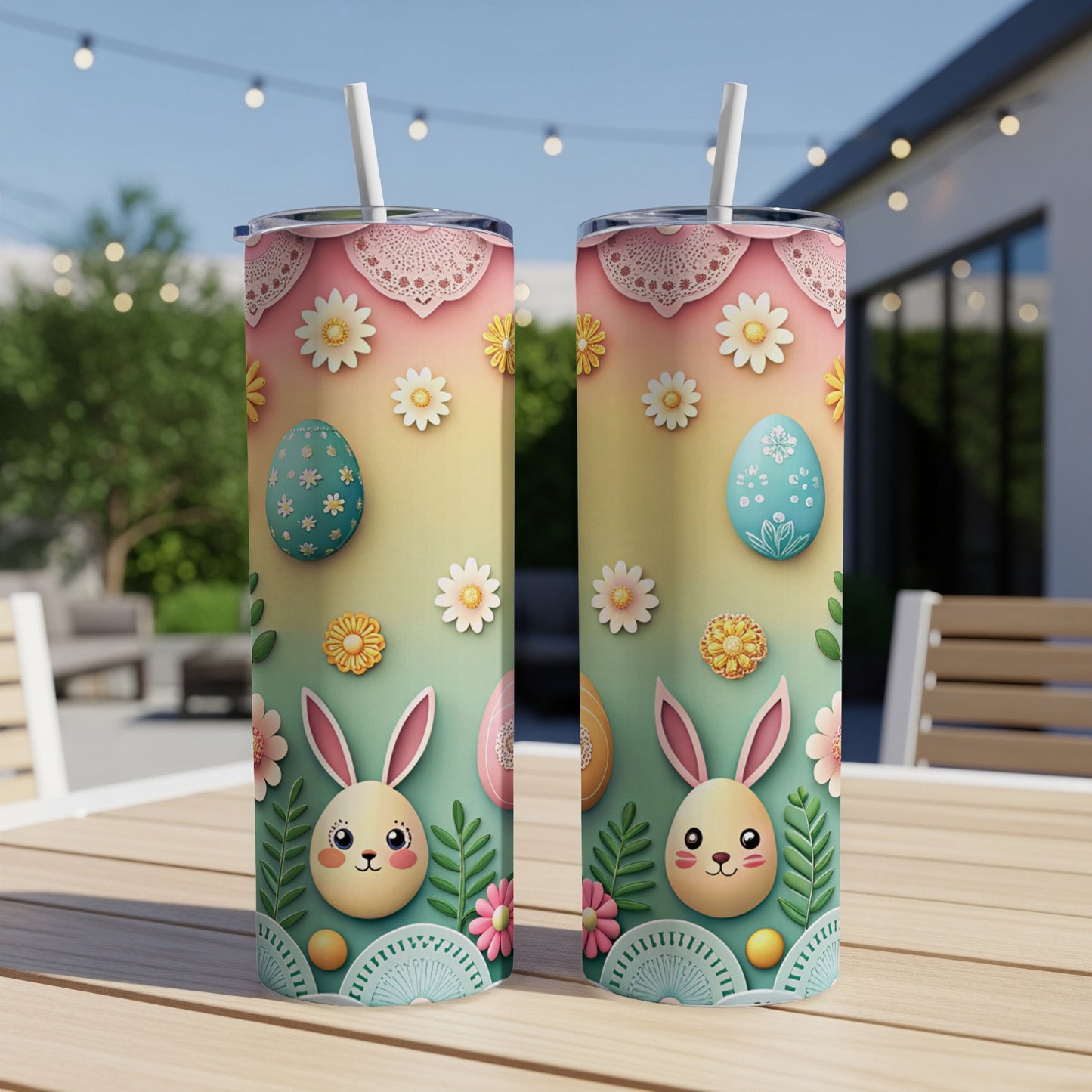 Two Easter-themed tumblers with bunnies, eggs, and flowers on a gradient background.