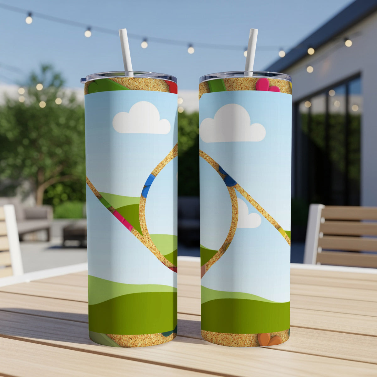 Two tumblers with a playful cartoon landscape design featuring clouds and rolling green hills.