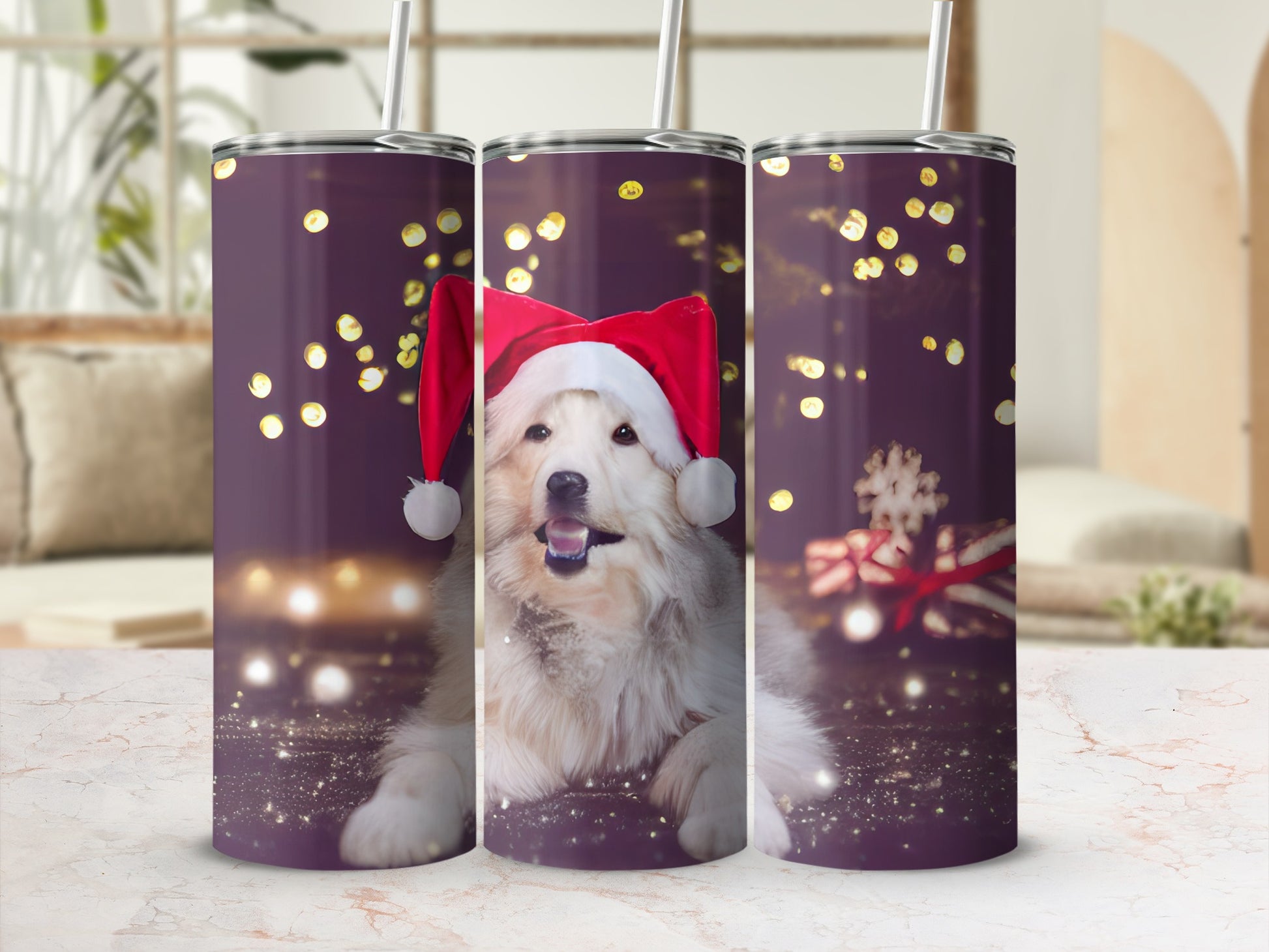 White fluffy dog wearing a Santa hat on a festive tumbler.