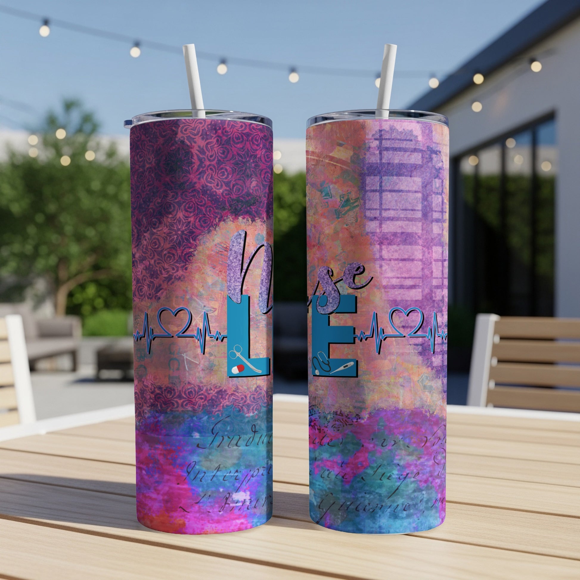 Two nurse-themed tumblers with a colorful abstract background and "Nurse" text.