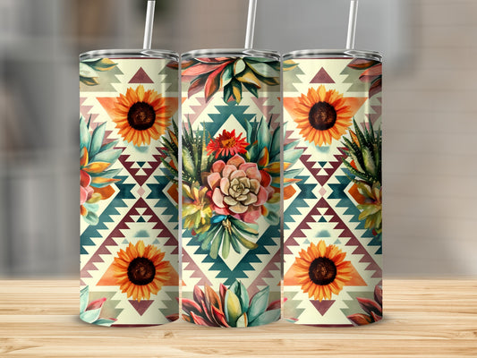 Three tall tumblers with geometric patterns and floral designs.