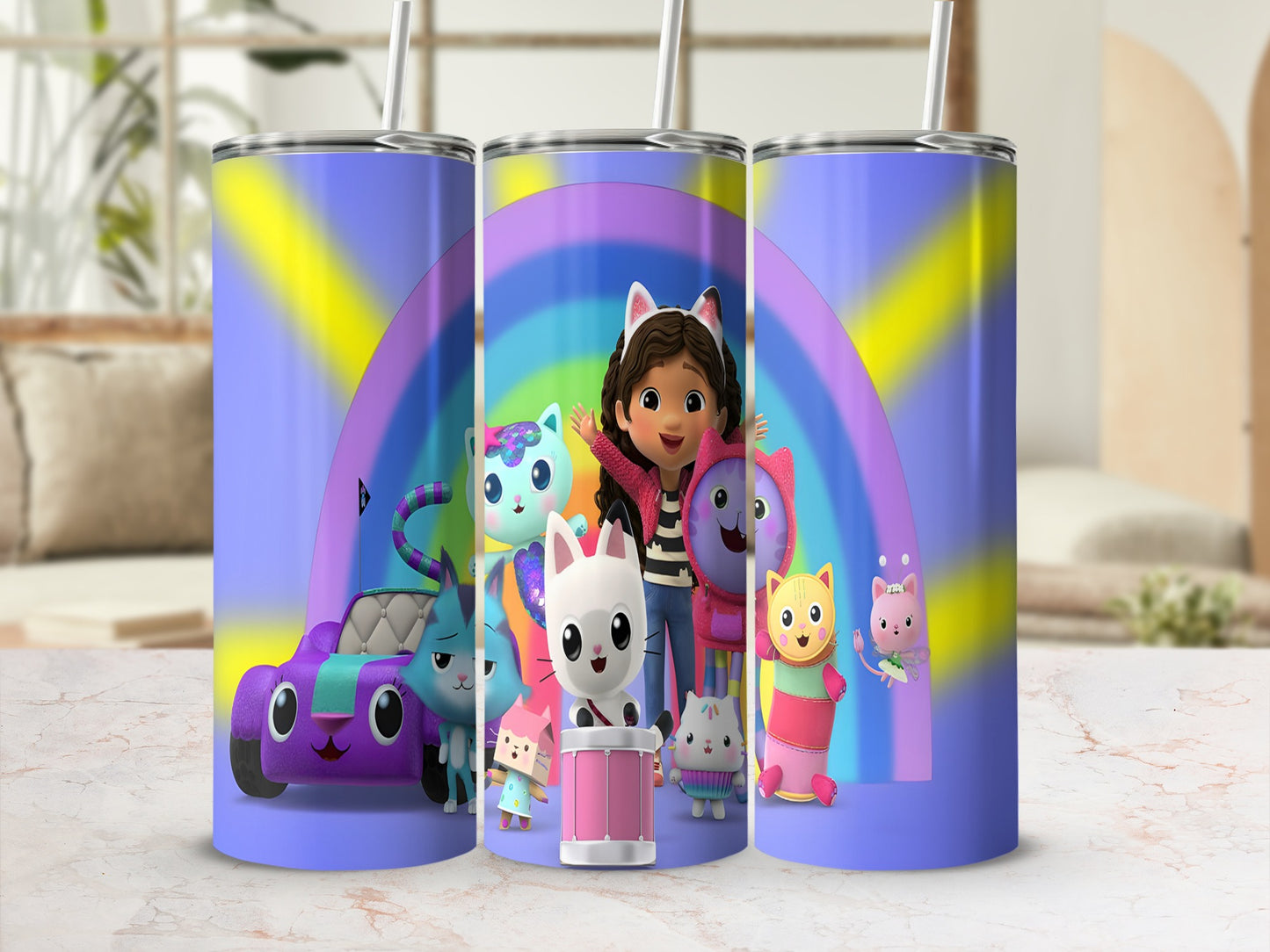 Gabby's Dollhouse characters and car on a rainbow-themed tumbler.