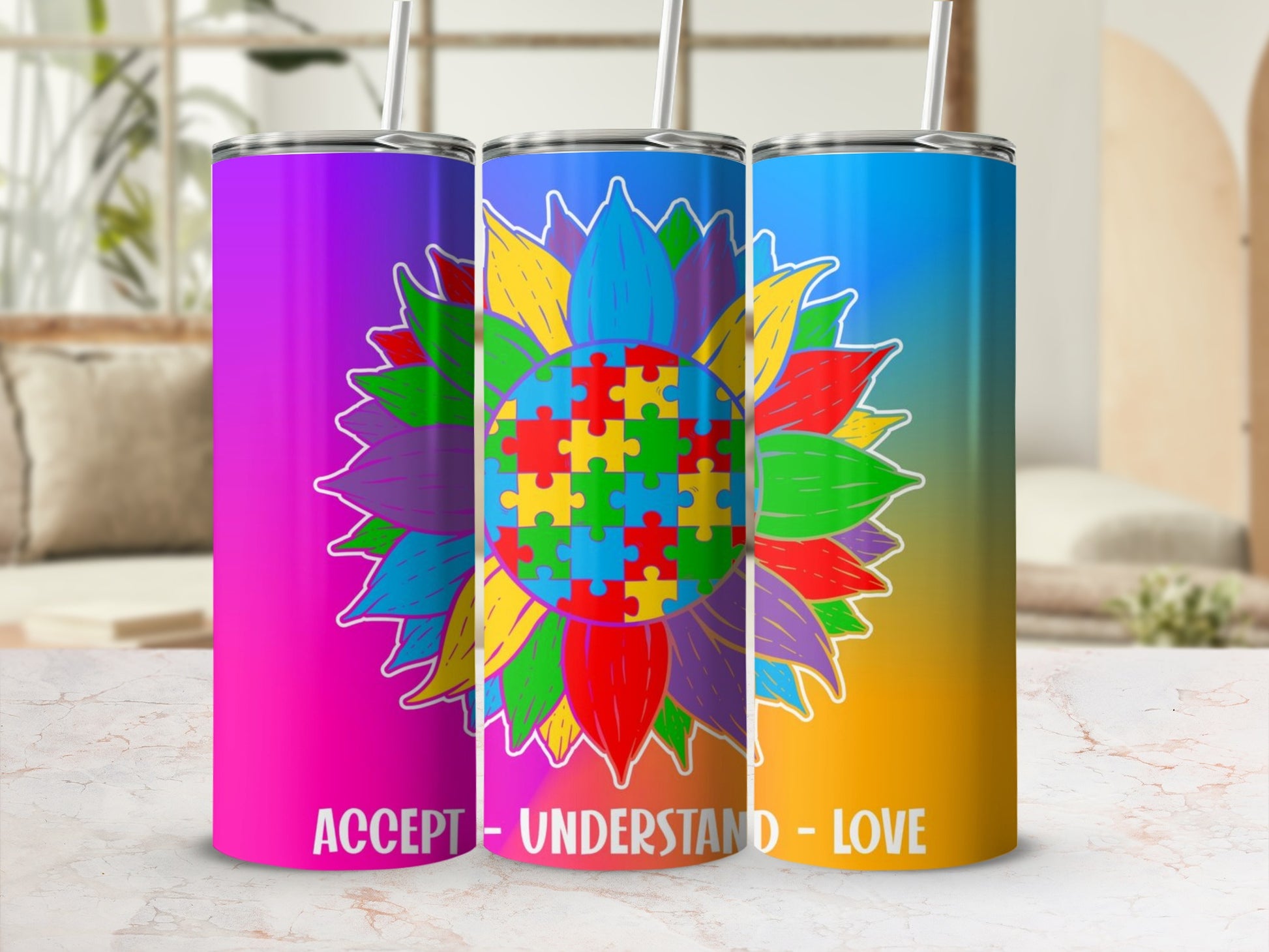 Accept Understand Love Colorful Flower Design Tumblers