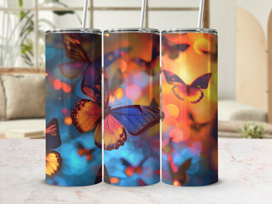 Three tumblers with a vibrant butterfly and bokeh light design.