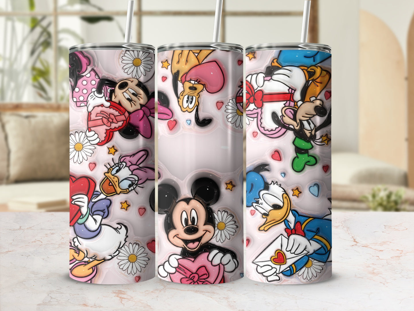 Disney Characters Tumbler with Cute Heart and Flower Patterns