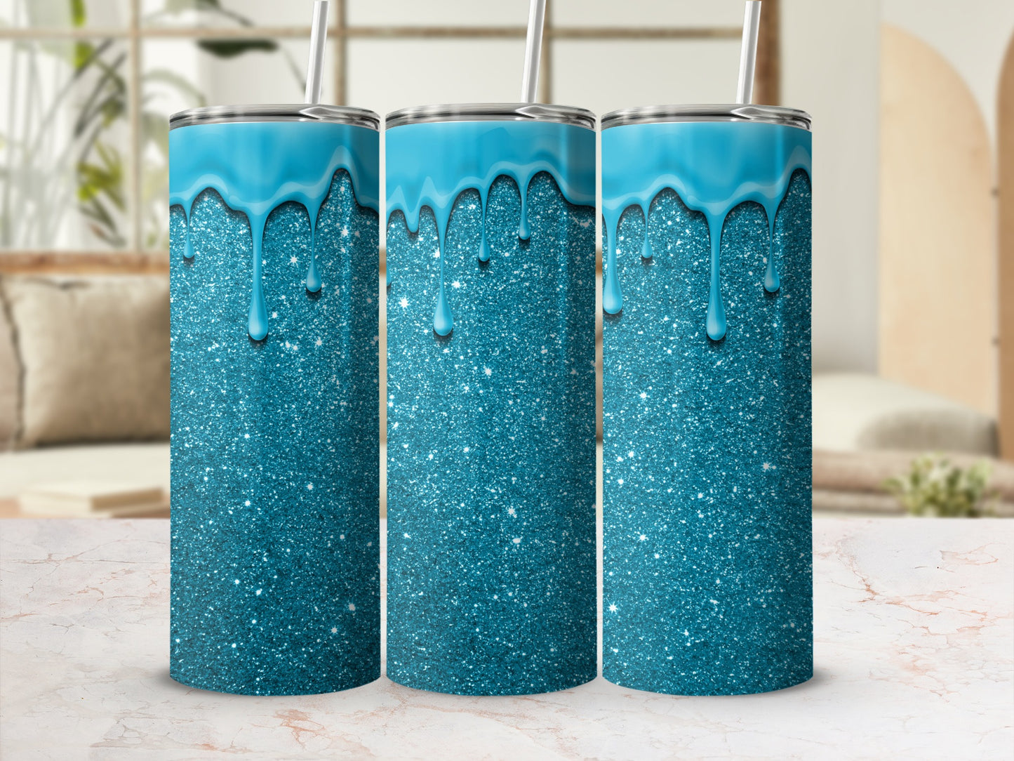 Stunning Blue Glitter Tumbler with Dripping Water Design