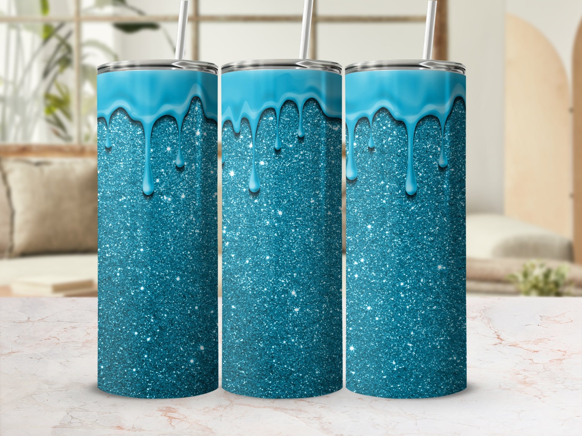 Stunning Blue Glitter Tumbler with Dripping Water Design