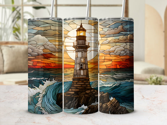 Three tumblers with stained glass lighthouse and ocean sunset design.