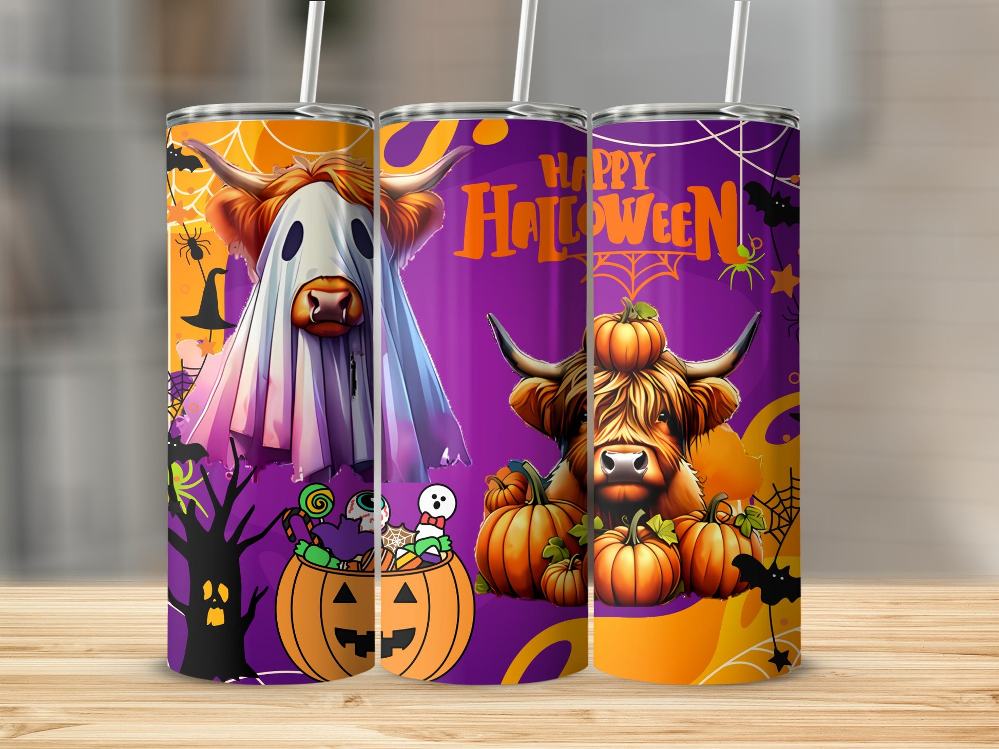 Halloween Bull Ghost and Pumpkins Design Tumbler