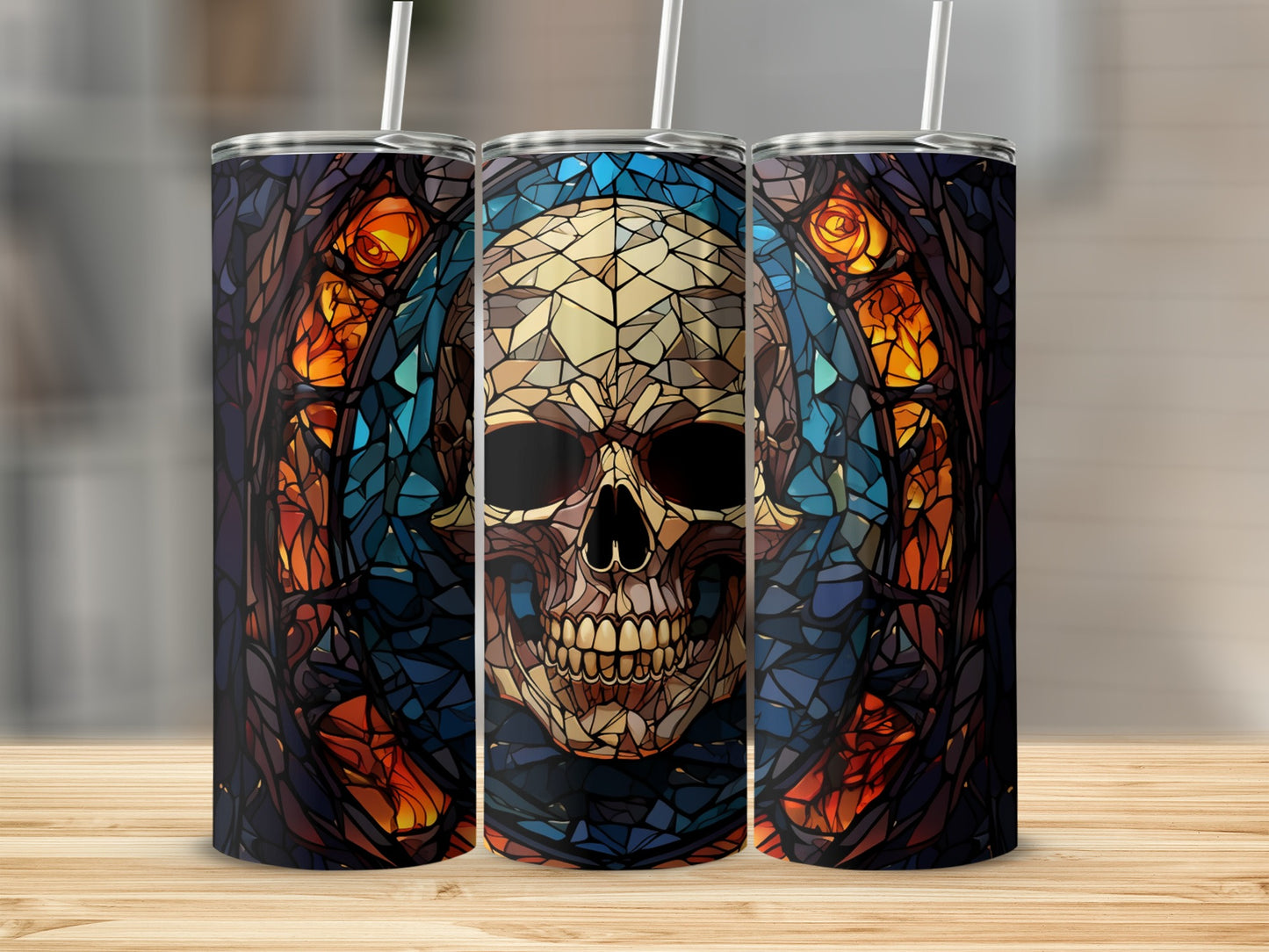 Stained glass skull tumbler with dark floral surround.